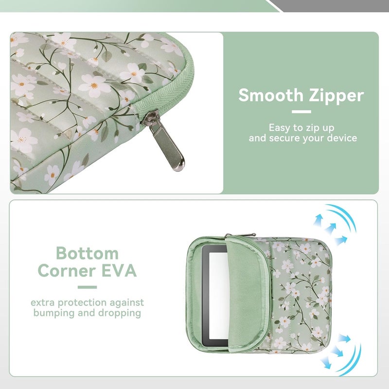 Clezolraa 6-7 Inch Puffy Sleeve Case for 7" Kindle Paperwhite 12th Gen/Colorsoft 2024, 6.8" Kindle Paperwhite 11th Gen, 6" Kindle 11th Gen 2024/2022, Oasis, Protective Pouch Bag, Green Floral - Image 5